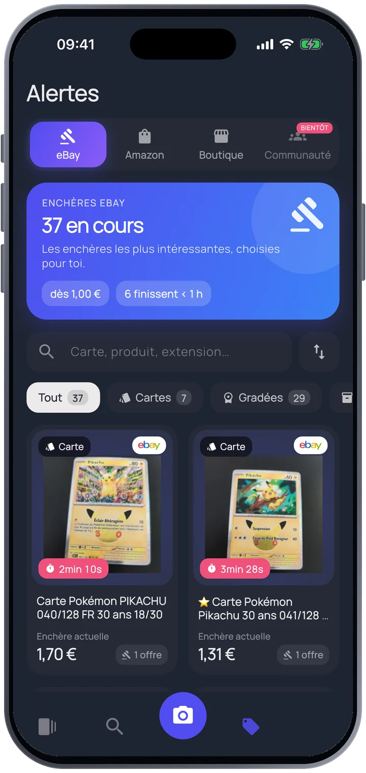 Sélection d'enchères eBay Pokémon avec compte à rebours