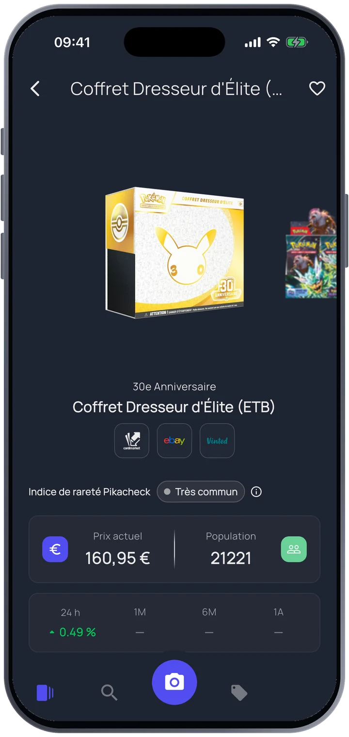 Fiche d'un ETB Pokémon avec sa cote du jour
