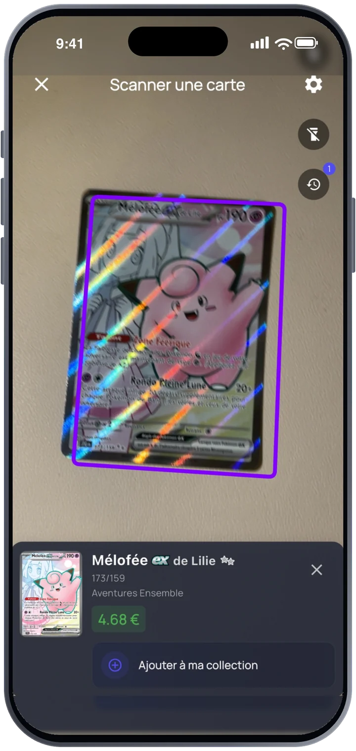 Le scanner de Pikacheck reconnaît une carte Pokémon et affiche son prix